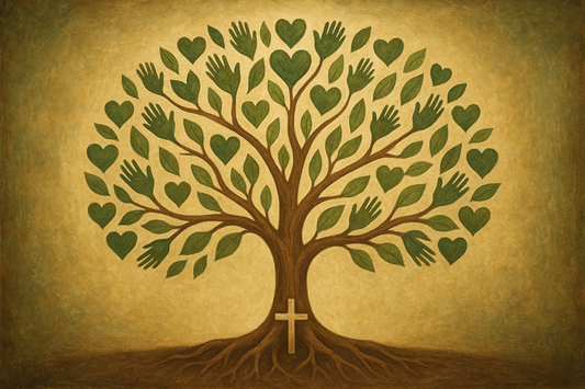 A symbolic tree with heart-shaped leaves representing community support and growth